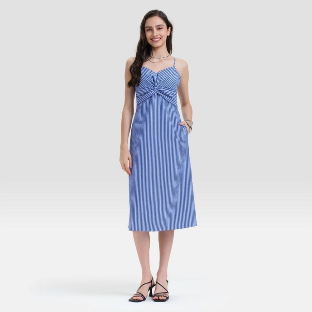 Women's Twist-Front Midi Cami Dress - A New Day Blue Striped L